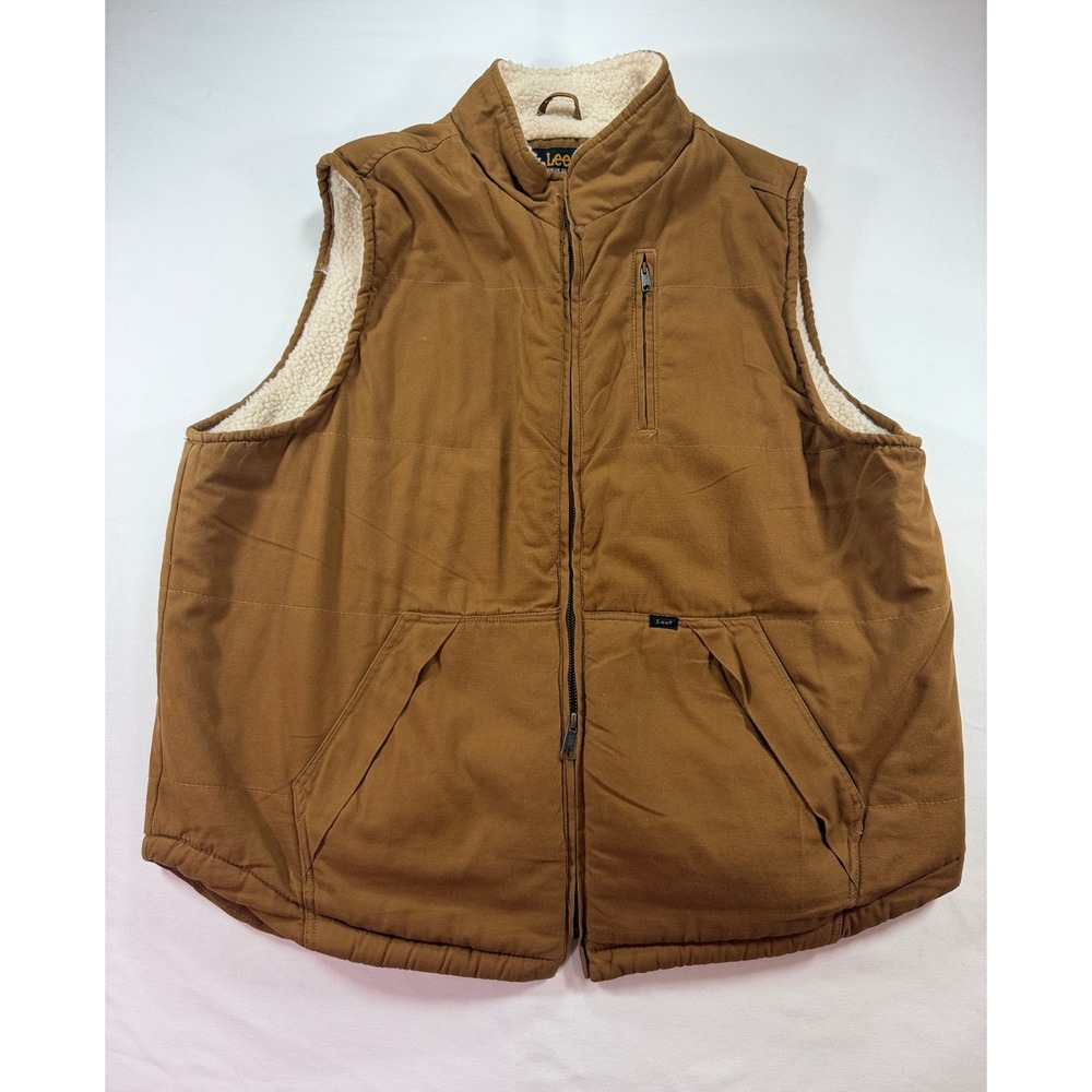 Lee Premium Select Mens XXL Brown Canvas Faux Sherpa Lined Full Zip Work Vest